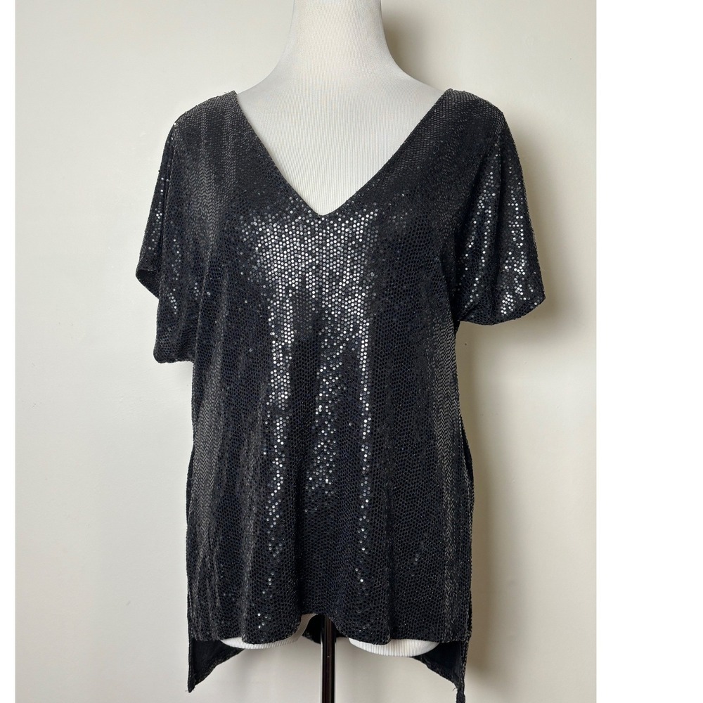 CARAMELA Black Sparkle Top M Going Out Dressy Party Glam V-Neck Flowy Relaxed
